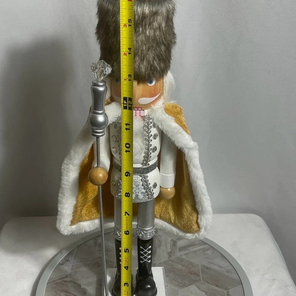 White Silver Gold Faux Fur Nutcracker King 15 Inch Christmas Decor Figurine